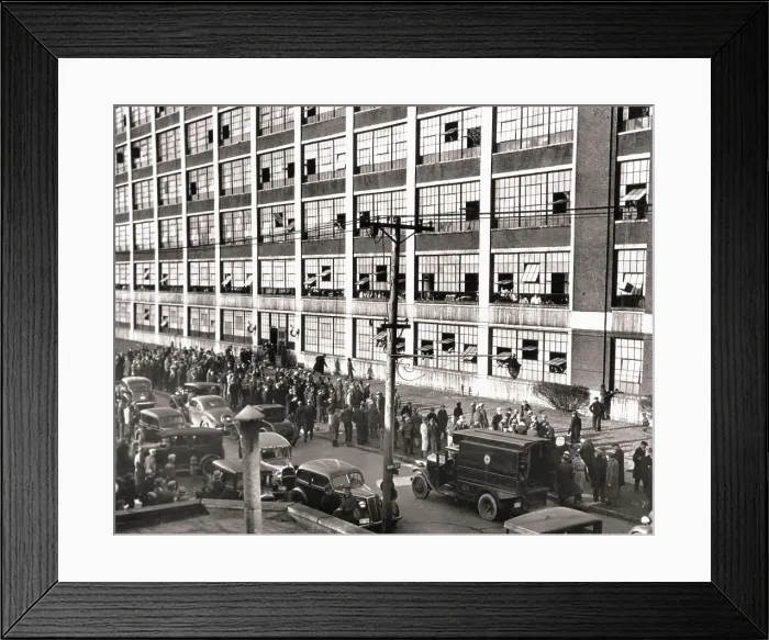 Framed Print : Strikers Lined up Outside Large Factory Framed Print : Strikers Lined up Outside Large Factory