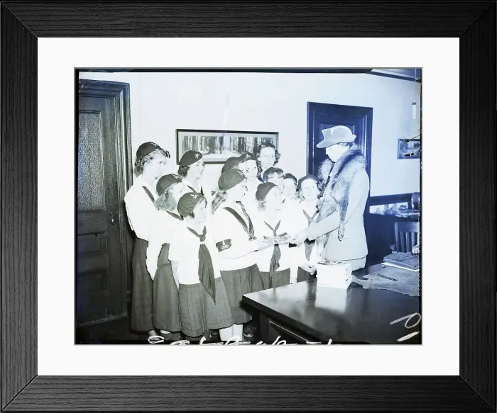 Framed Print : Eleanor Roosevelt Gives Book to Campfire Girls Framed Print : Eleanor Roosevelt Gives Book to Campfire Girls