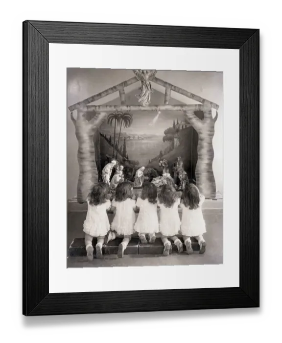 Framed Print : Dionne Quintuplets Kneel at Creche