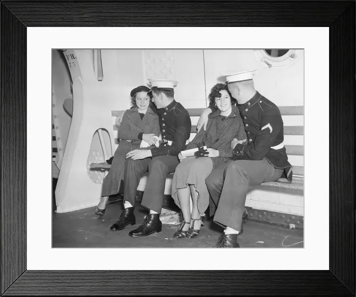 Framed Print : Marines Sitting with Two Women Framed Print : Marines Sitting with Two Women
