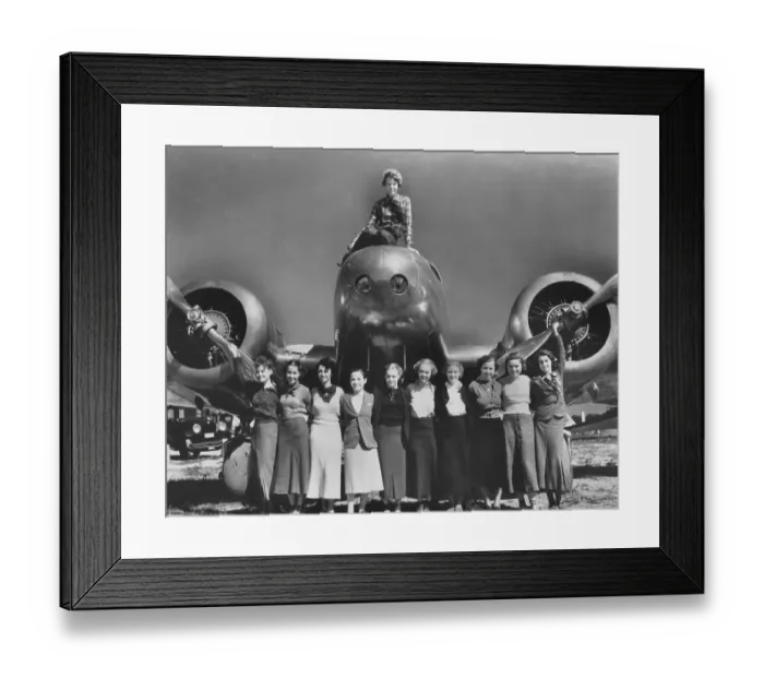 Framed Print : Aviatrix Amelia Earhart and Purdue Coeds Posing at Airplane Framed Print : Aviatrix Amelia Earhart and Purdue Coeds Posing at Airplane