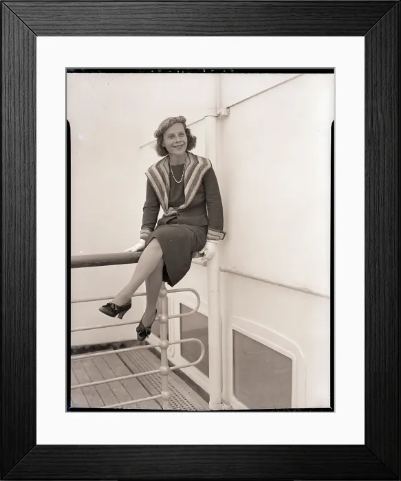 Framed Print : Ruth Gordon Sitting on Rail of Queen Mary Framed Print : Ruth Gordon Sitting on Rail of Queen Mary