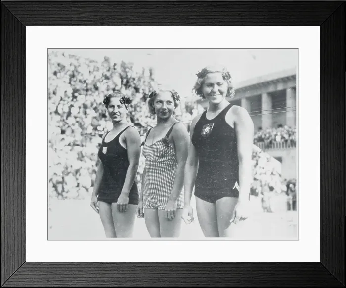 Framed Print : Female Champion Swimmers Posing Together Framed Print : Female Champion Swimmers Posing Together