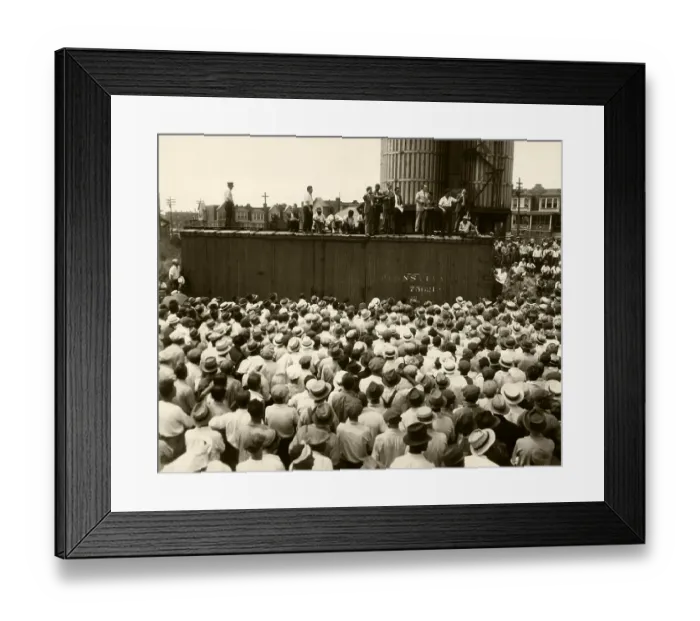 Framed Print : Workers Listen to Man Speaking on Boxcar Framed Print : Workers Listen to Man Speaking on Boxcar