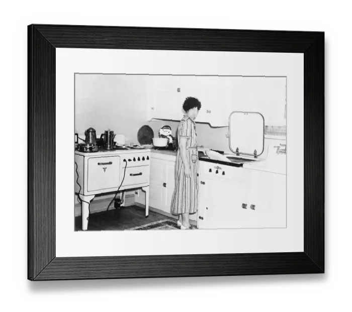 Framed Print : Woman at Modernized Farm Kitchen Sink Framed Print : Woman at Modernized Farm Kitchen Sink