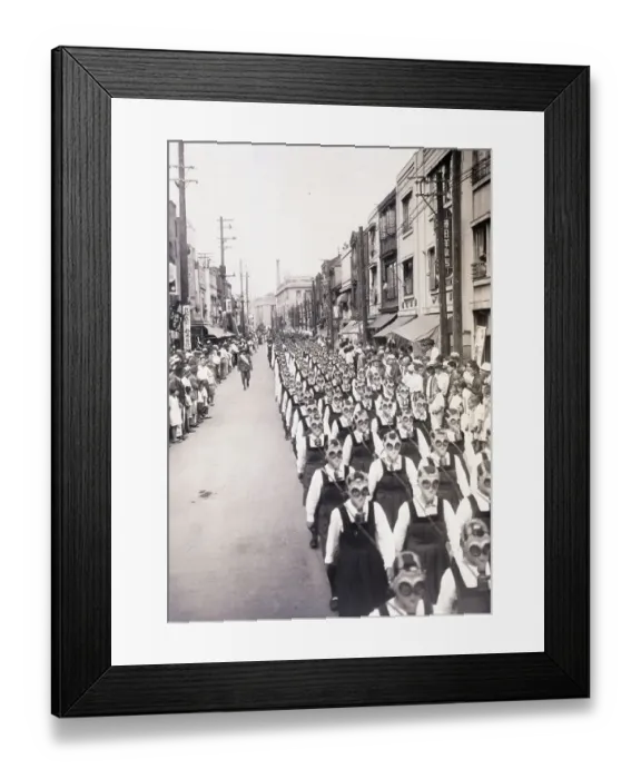 Framed Print : Japanese Girls March with Gas Masks Framed Print : Japanese Girls March with Gas Masks