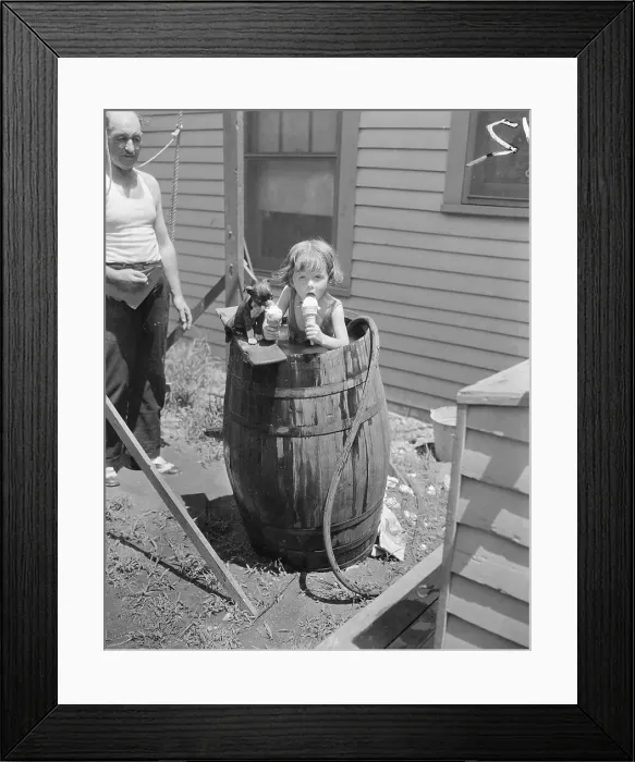Framed Print : Little Girl and Puppy in Barrel Eating Ice Cream Cones Framed Print : Little Girl and Puppy in Barrel Eating Ice Cream Cones