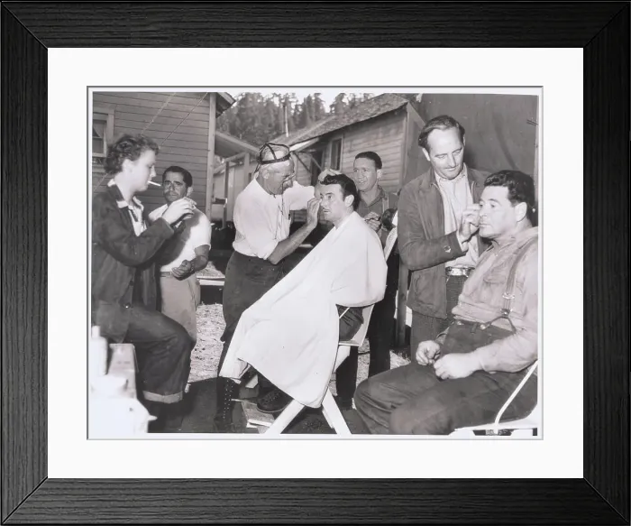 Framed Print : Film Crew Shaving Actors Outdoors Framed Print : Film Crew Shaving Actors Outdoors