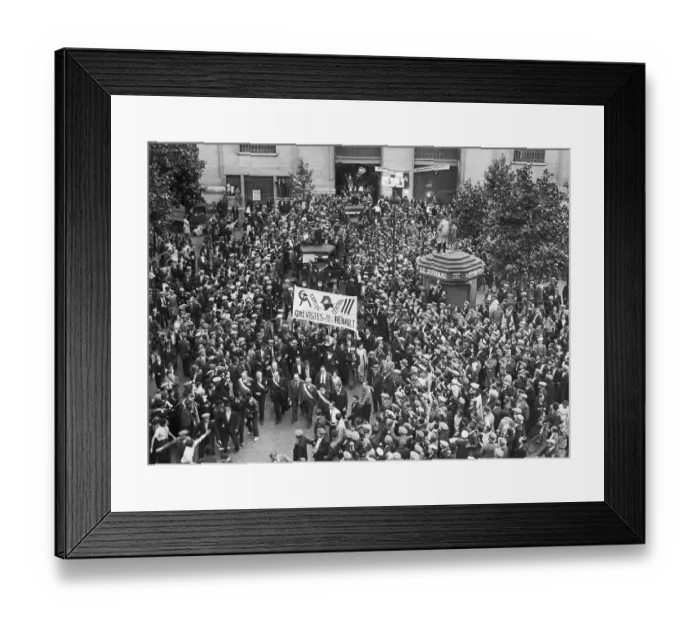Framed Print : Cheering Strikers Leave Occupied Factory Framed Print : Cheering Strikers Leave Occupied Factory