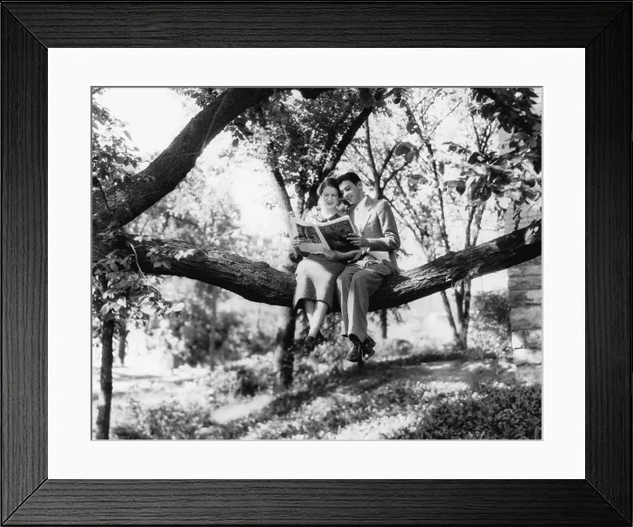 Framed Print : Couple Sitting on Branch Reading Framed Print : Couple Sitting on Branch Reading