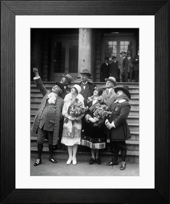 Framed Print : Father Knickerbocker Pointing Out Features to Beauty Queens Framed Print : Father Knickerbocker Pointing Out Features to Beauty Queens