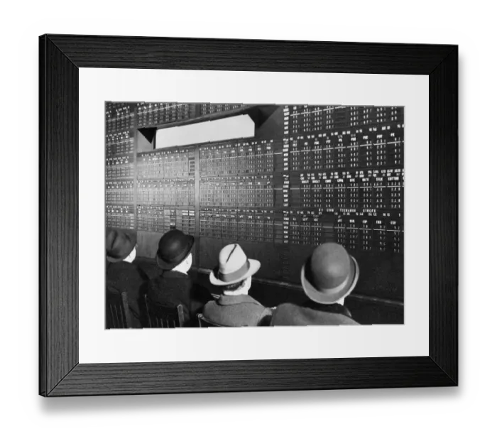 Framed Print : Men Look at Wall Street Quotation Board Framed Print : Men Look at Wall Street Quotation Board