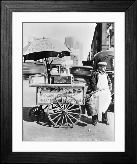 Framed Print : Hot Dog Vendor Standing Beside Cart Framed Print : Hot Dog Vendor Standing Beside Cart