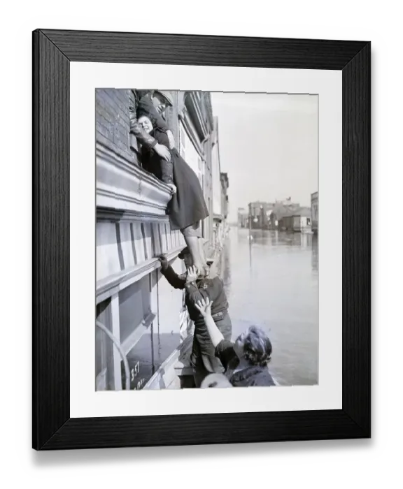 Framed Print : Girl Being Helped From Building; Flood Framed Print : Girl Being Helped From Building; Flood