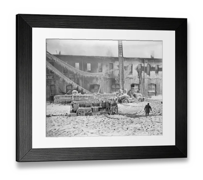 Framed Print : Firefighters Battling Fire in Freezing Temperatures