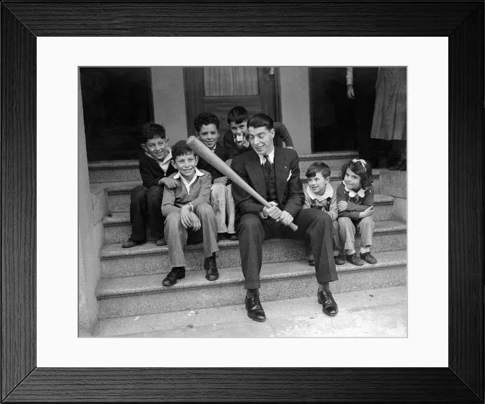 Framed Print : Joe DiMaggio Sitting with Children and Holding Baseball Bat Framed Print : Joe DiMaggio Sitting with Children and Holding Baseball Bat