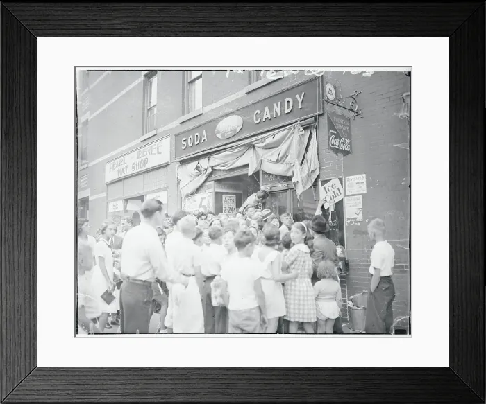 Framed Print : Crowd Gathering Outside of a Stationary Store Framed Print : Crowd Gathering Outside of a Stationary Store