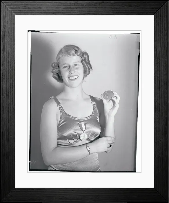 Framed Print : Marjorie Gestring Holding Olympic Medal Framed Print : Marjorie Gestring Holding Olympic Medal