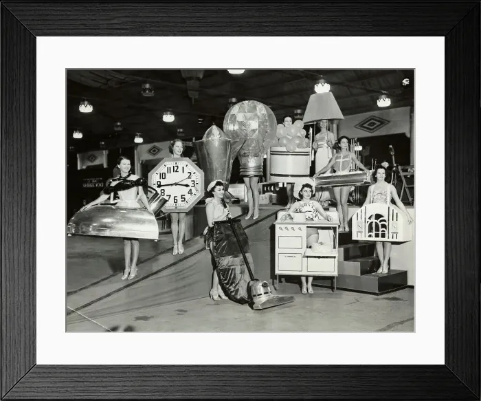 Framed Print : Young Women Dressed in Electrical Appliance Costumes Framed Print : Young Women Dressed in Electrical Appliance Costumes