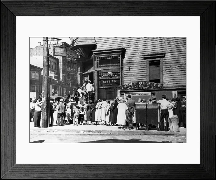 Framed Print : Bank Depositors Waiting in Line in Newark Framed Print : Bank Depositors Waiting in Line in Newark