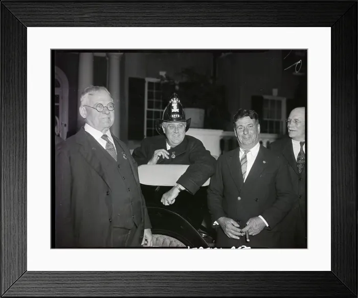 Framed Print : Franklin Delano Roosevelt Wearing a Fire Hat Framed Print : Franklin Delano Roosevelt Wearing a Fire Hat