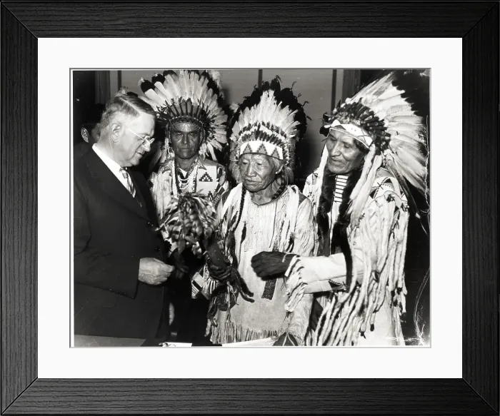 Framed Print : Harold Ickes Inspects Indian Weapon Framed Print : Harold Ickes Inspects Indian Weapon