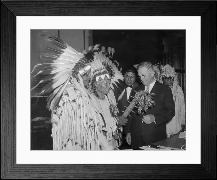 Framed Print : Indian Chiefs and Secretary of Interior Examining Native War Club Framed Print : Indian Chiefs and Secretary of Interior Examining Native War Club