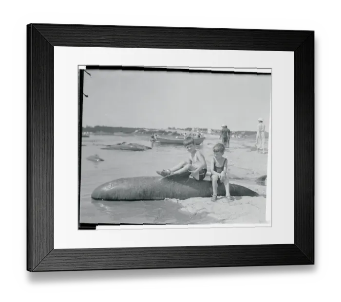 Framed Print : Small Boys Sitting on Back of Baby Whale Framed Print : Small Boys Sitting on Back of Baby Whale