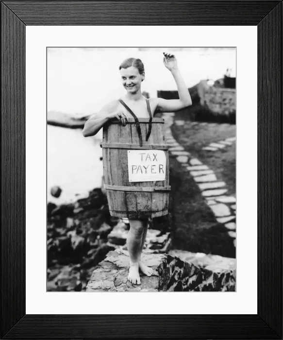 Framed Print : Woman in Tax Payer Barrel Framed Print : Woman in Tax Payer Barrel