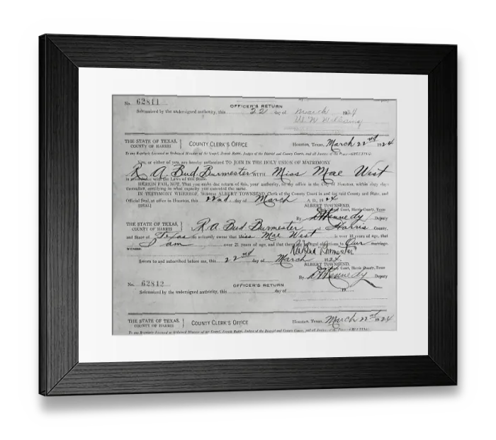 Framed Print : Mae West Marriage License Framed Print : Mae West Marriage License