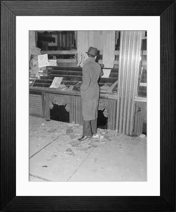 Framed Print : Looking in Broken Window of Jewelry Store
