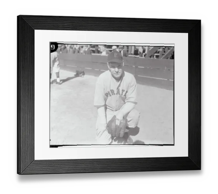 Framed Print : Baseball Player Mace Brown Kneeling in His Pirate Uniform Framed Print : Baseball Player Mace Brown Kneeling in His Pirate Uniform