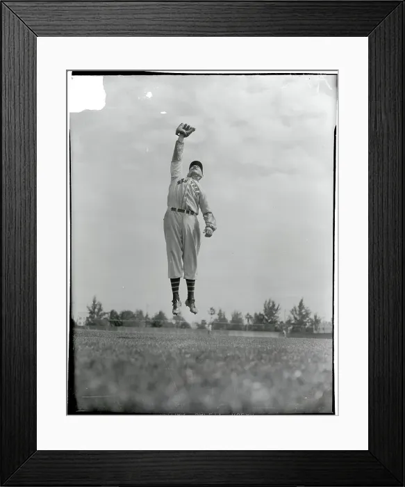 Framed Print : Baseball Player Phil Weintraub Going up for a Catch Framed Print : Baseball Player Phil Weintraub Going up for a Catch