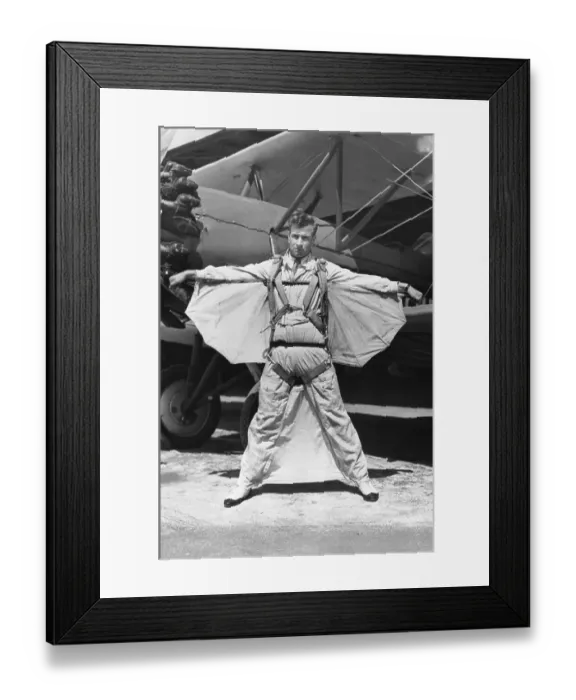Framed Print : Skydiver Wearing Homemade Skydiving Suit with Wings Framed Print : Skydiver Wearing Homemade Skydiving Suit with Wings