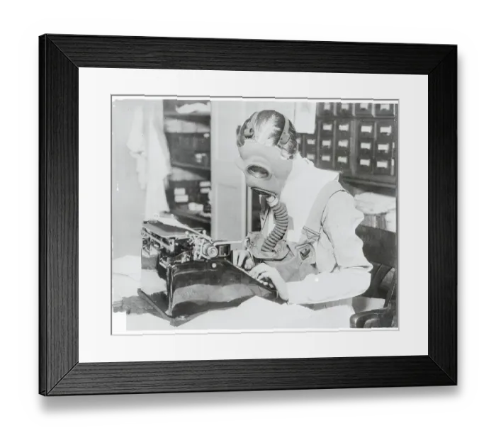 Framed Print : VAD Nurse Wearing Gas Mask While Typing Framed Print : VAD Nurse Wearing Gas Mask While Typing