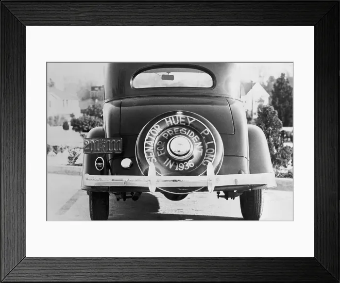 Framed Print : Rear View of Car With Huey P. Long Advertisement Framed Print : Rear View of Car With Huey P. Long Advertisement