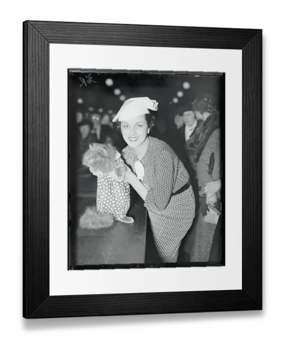 Framed Print : Well Dressed Woman Posing With Cat in Costume Framed Print : Well Dressed Woman Posing With Cat in Costume
