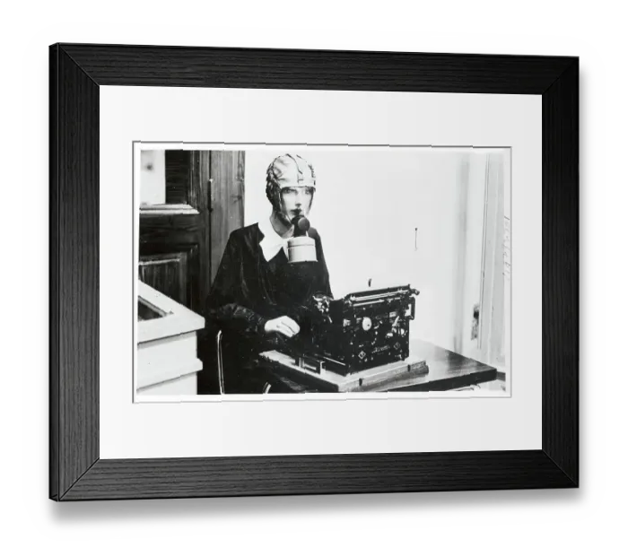 Framed Print : Typists Wearing a Gas Mask Framed Print : Typists Wearing a Gas Mask