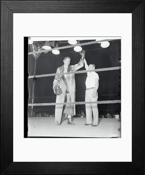 Framed Print : Boxer Buddy Baer Being Coaxed Into Victorious Pose Framed Print : Boxer Buddy Baer Being Coaxed Into Victorious Pose