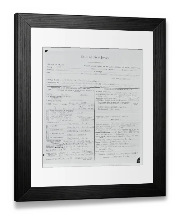 Framed Print : Baby Lindbergh's Death Certificate Framed Print : Baby Lindbergh's Death Certificate