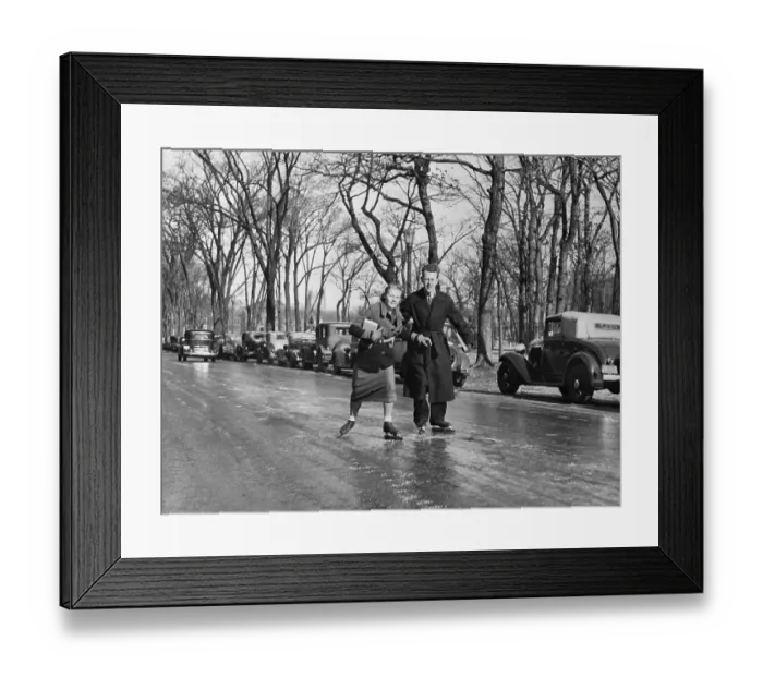 Framed Print : Couple Ice Skating on Street After Freezing Rain Framed Print : Couple Ice Skating on Street After Freezing Rain
