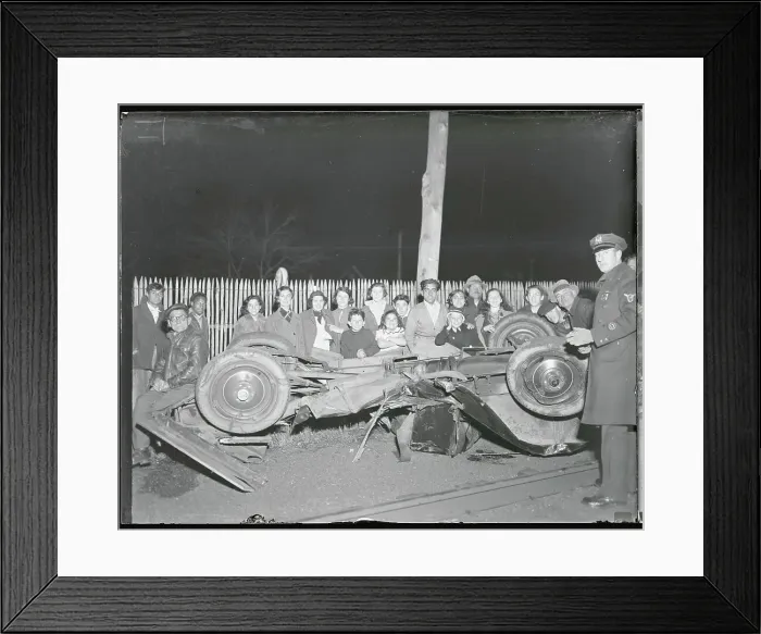 Framed Print : People Looking at Car Wreckage Framed Print : People Looking at Car Wreckage