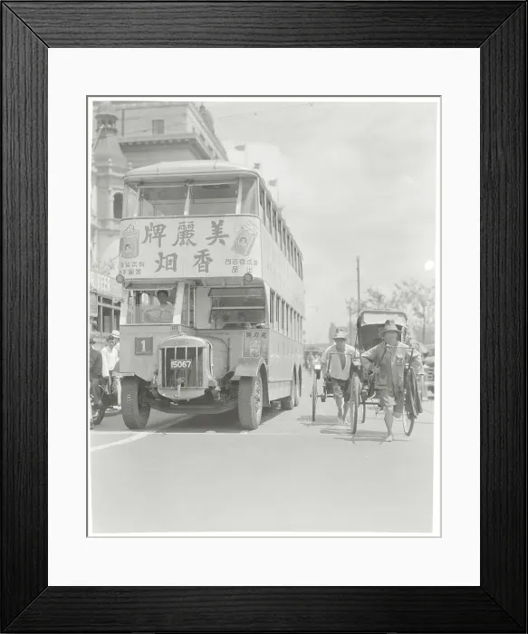 Framed Print : Rickshaws and Double Deck Bus of Shanghai Framed Print : Rickshaws and Double Deck Bus of Shanghai