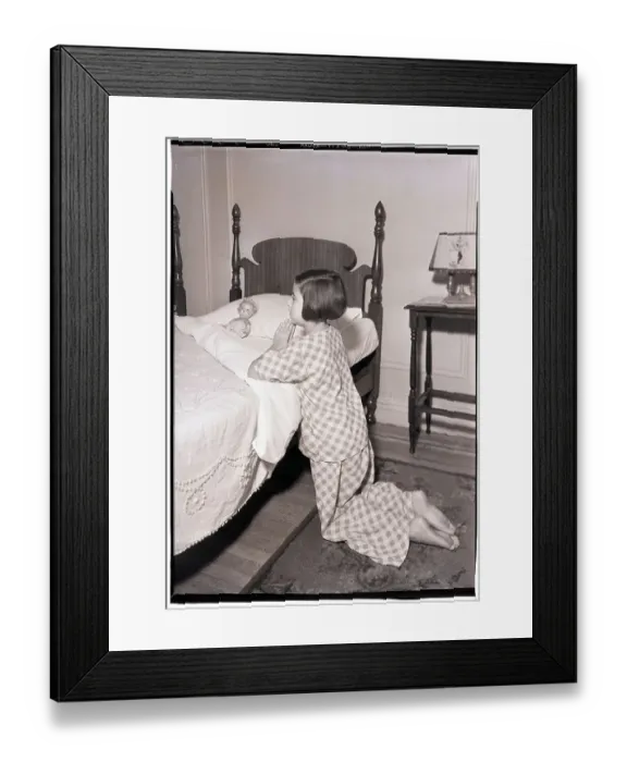 Framed Print : Girl Kneeling at Bed Praying Framed Print : Girl Kneeling at Bed Praying