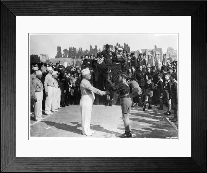 Framed Print : Youth Receives Rifle as Mussolini Looks Framed Print : Youth Receives Rifle as Mussolini Looks