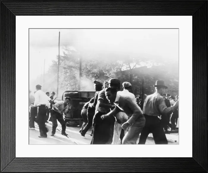 Framed Print : Textile Workers on Strike Battle with Cops