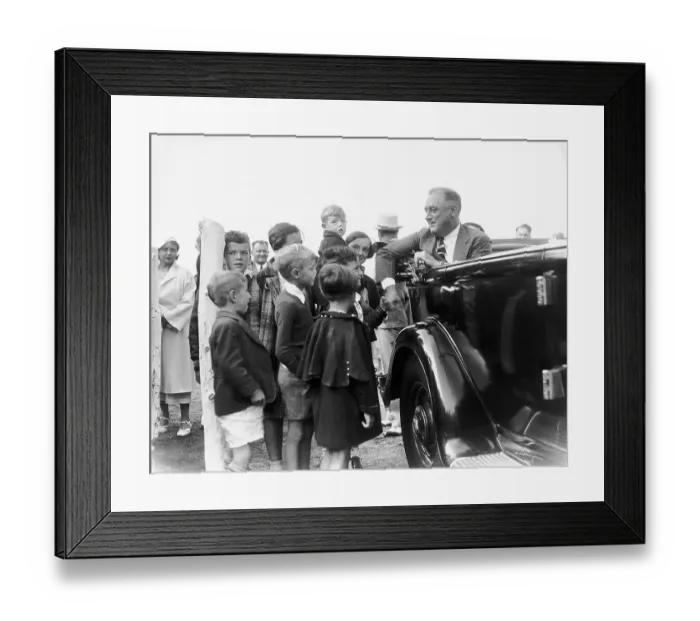 Framed Print : President Roosevelt in Car Greeted by Son Elliott Framed Print : President Roosevelt in Car Greeted by Son Elliott