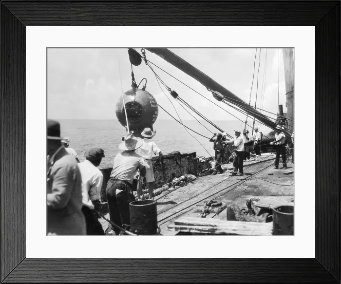 Framed Print : Dr. William Beebe on Barge with Crew Framed Print : Dr. William Beebe on Barge with Crew