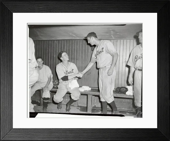Framed Print : Lynwood Rowe Shaking Hand of Hank Greenberg in Locker Room Framed Print : Lynwood Rowe Shaking Hand of Hank Greenberg in Locker Room