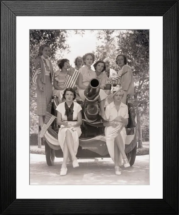 Framed Print : Actresses Around Cannon with US Flags